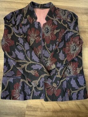 Floral Jacquard Zip Front Jacket in Black, Plum & Burgundy